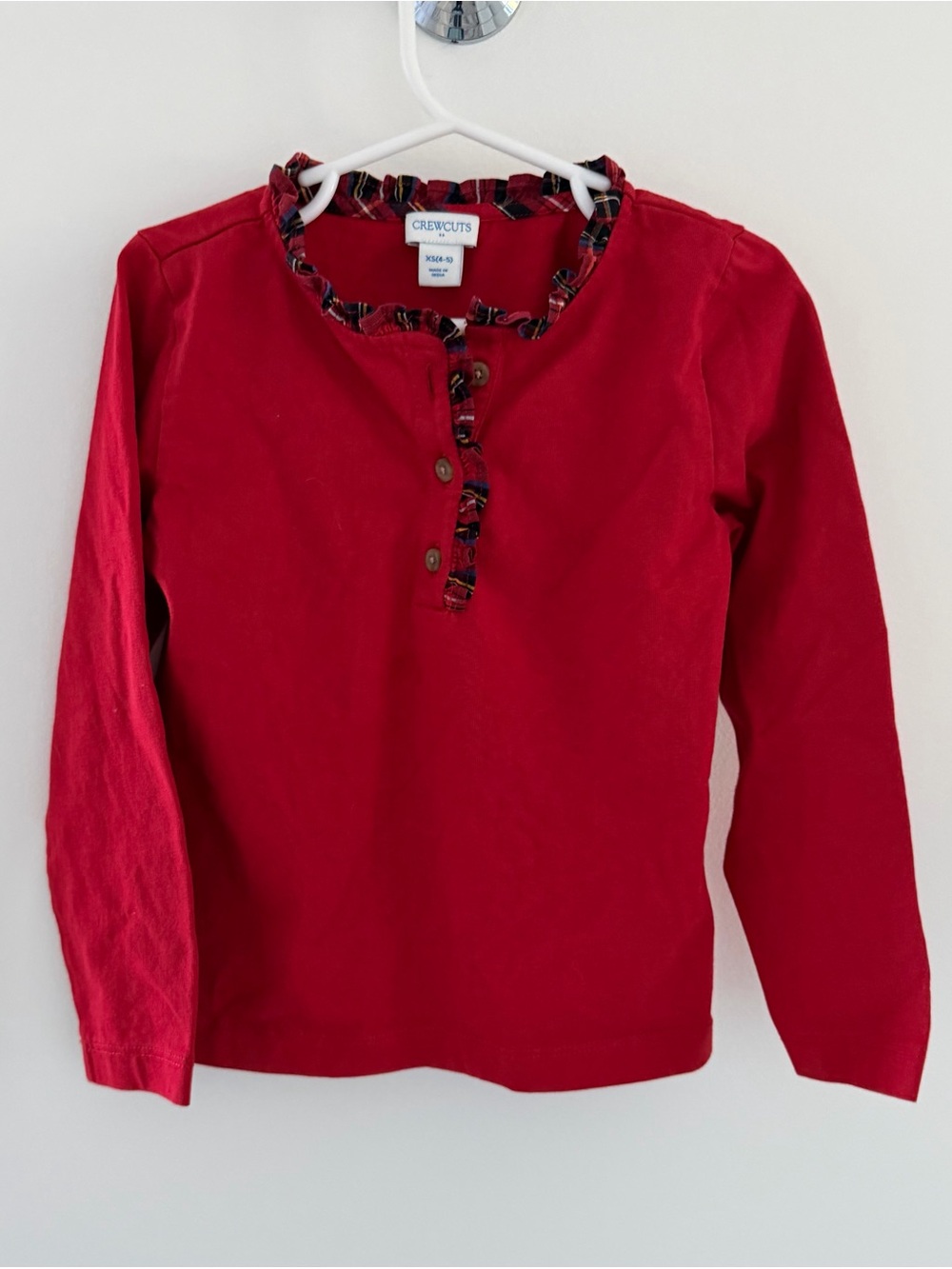 Crewcuts Red Long-Sleeve Ruffle Henley Plaid Trim 100% Cotton